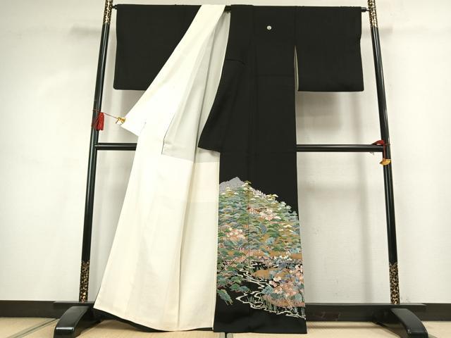 平和屋着物●豪華黒留袖　作家物　総刺繍　風景花文　正絹　逸品　AABK8093fy