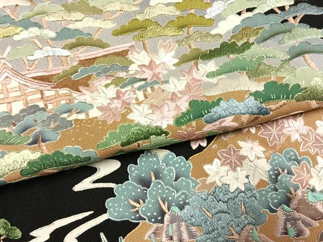 平和屋着物●豪華黒留袖　作家物　総刺繍　風景花文　正絹　逸品　AABK8093fy