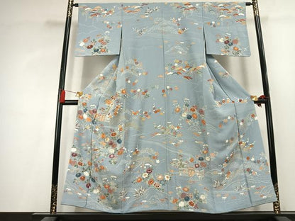 平和屋着物●訪問着　駒刺繍　草花文　金彩　正絹　逸品　AABK8097fy