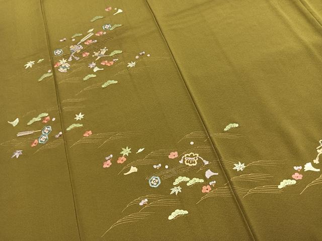 平和屋着物●訪問着　総刺繍　松　梅　宝尽くし文様　金糸　正絹　逸品　AABK8098fy