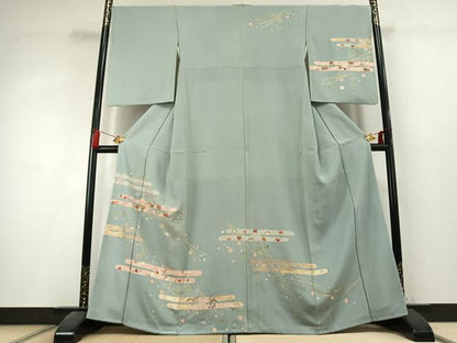平和屋着物●訪問着　駒刺繍　草花文　金彩　正絹　逸品　AABK8101fy