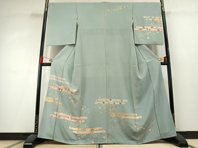 平和屋着物●訪問着　駒刺繍　草花文　金彩　正絹　逸品　AABK8101fy