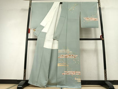 平和屋着物●訪問着　駒刺繍　草花文　金彩　正絹　逸品　AABK8101fy