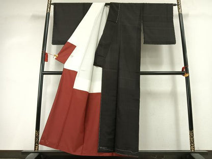 平和屋着物●お召　色無地　よろけ縞地紋　黒地　正絹　逸品　AABK8106fy
