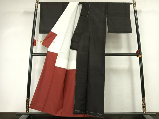 平和屋着物●お召　色無地　よろけ縞地紋　黒地　正絹　逸品　AABK8106fy