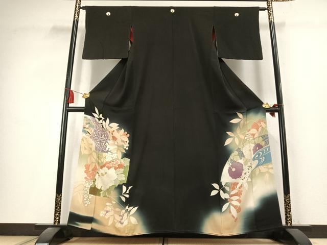 平和屋着物●アンティーク　大正ロマン　黒留袖　刺繍　草花文　暈し染め　金糸　正絹　逸品　AABK8114fy