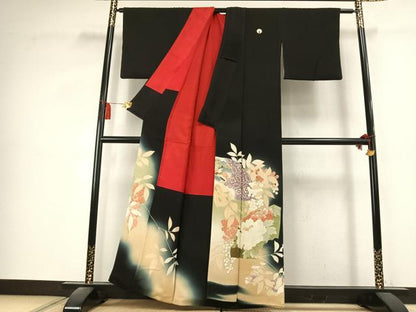 平和屋着物●アンティーク　大正ロマン　黒留袖　刺繍　草花文　暈し染め　金糸　正絹　逸品　AABK8114fy