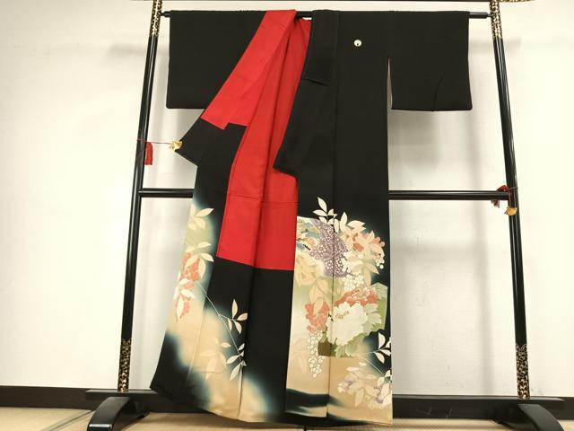 平和屋着物●アンティーク　大正ロマン　黒留袖　刺繍　草花文　暈し染め　金糸　正絹　逸品　AABK8114fy
