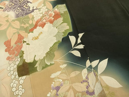 平和屋着物●アンティーク　大正ロマン　黒留袖　刺繍　草花文　暈し染め　金糸　正絹　逸品　AABK8114fy