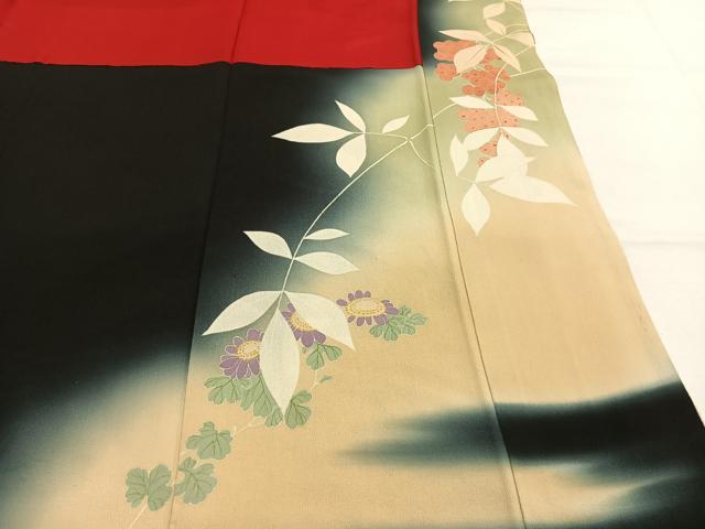 平和屋着物●アンティーク　大正ロマン　黒留袖　刺繍　草花文　暈し染め　金糸　正絹　逸品　AABK8114fy