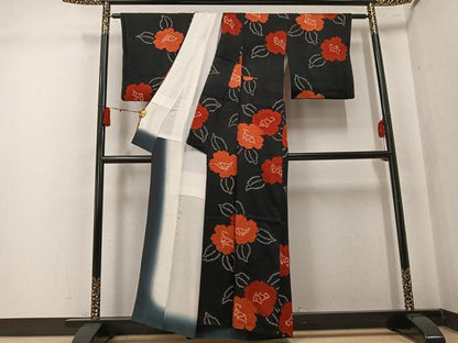 平和屋着物●上質な小紋　絞り　草花文　黒地　正絹　逸品　AABK8123ph