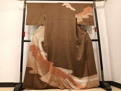 平和屋着物●訪問着　絞り　駒刺繍　雪輪草花文　金彩　正絹　逸品　AABK8130ph
