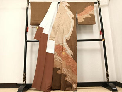 平和屋着物●訪問着　絞り　駒刺繍　雪輪草花文　金彩　正絹　逸品　AABK8130ph