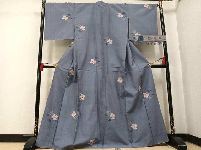 平和屋着物●真綿結城紬　小千谷紬　草花文　反端付き　正絹　逸品　AABK8138ph