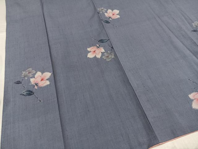 平和屋着物●真綿結城紬　小千谷紬　草花文　反端付き　正絹　逸品　AABK8138ph