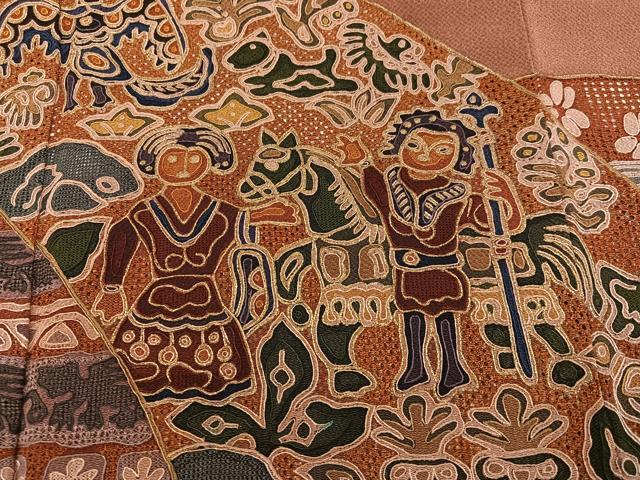 平和屋着物●訪問着　総刺繍　中国三大刺繍　汕頭刺繍　スワトウ刺繍　人物壁画文様　金糸　鬼しぼ縮緬　正絹　逸品　AABK8139ph