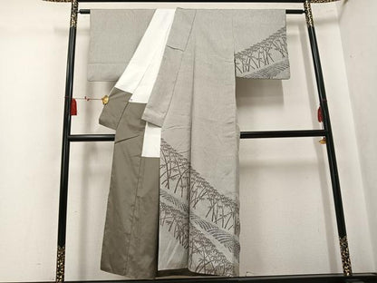 平和屋着物●訪問着　紬地　笹竹文　正絹　逸品　AABK8141ph