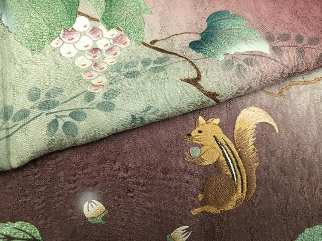 平和屋着物●訪問着　刺繍　葡萄　栗鼠　暈し染め　金銀彩　やまと誂製　正絹　逸品　AABK8165ph
