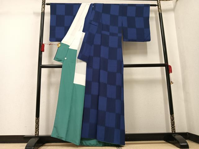 平和屋着物●上質な小紋　市松文　背抜き仕立て　正絹　逸品　AABK8166ph