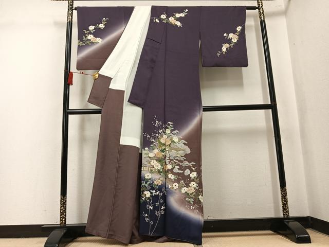 平和屋着物●訪問着　駒刺繍　風景枝花文　暈し染め　金彩　正絹　逸品　AABK8190ph
