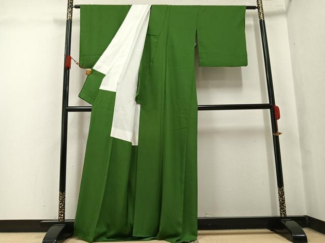 平和屋着物●上質な色無地　霞地紋　草色　正絹　逸品　AABK8191ph
