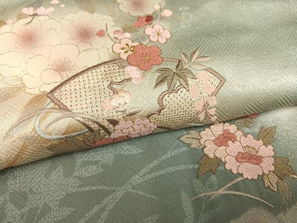 平和屋着物●訪問着　中国三大刺繍　スワトウ刺繍　汕頭刺繍　地紙草花文　暈し染め　金彩　三越扱い　正絹　逸品　AABK8207ph