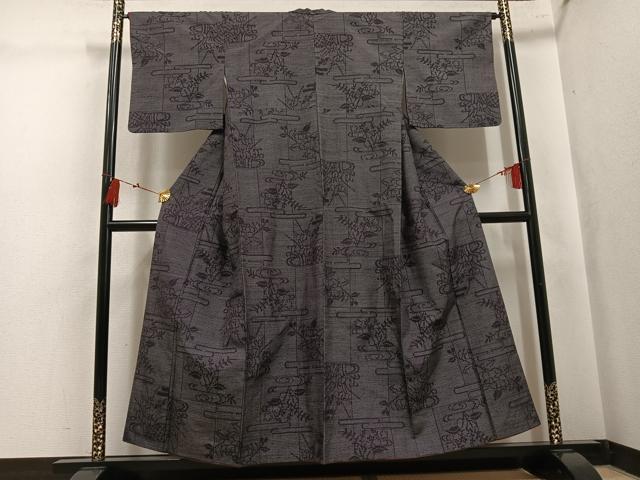 平和屋着物●結城紬　100亀甲　草花文　正絹　逸品　AABK8208ph