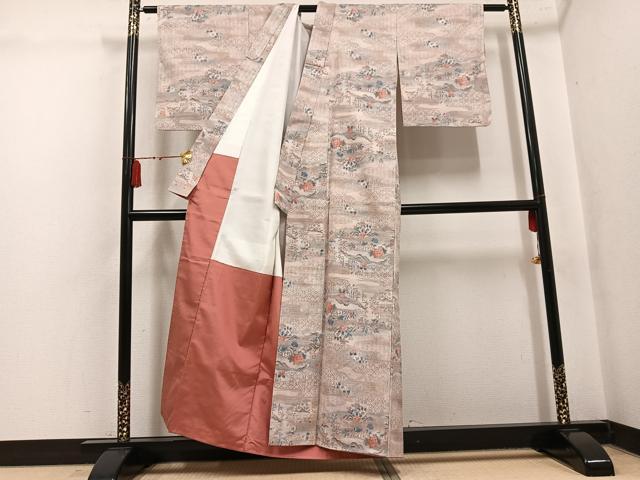 平和屋着物●小千谷紬　草花文　正絹　逸品　未使用　AABK8230ph