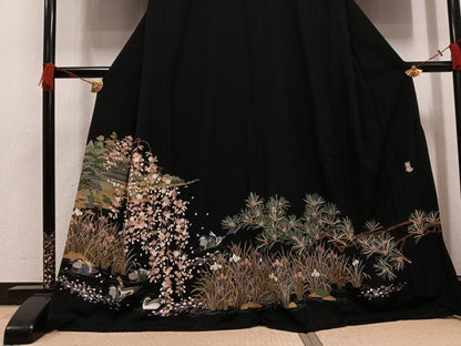 平和屋着物●豪華黒留袖　友禅　作家物　鴛鴦風景草花文　正絹　逸品　AABK8241ph