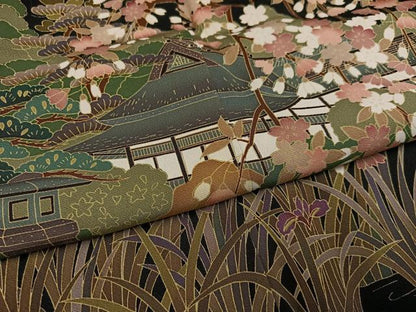 平和屋着物●豪華黒留袖　友禅　作家物　鴛鴦風景草花文　正絹　逸品　AABK8241ph