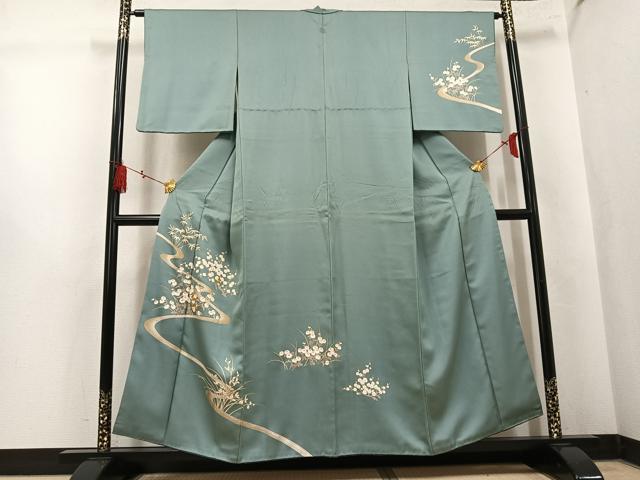 平和屋着物●訪問着　駒刺繍　流水草花文　金彩　正絹　逸品　AABK8252ph