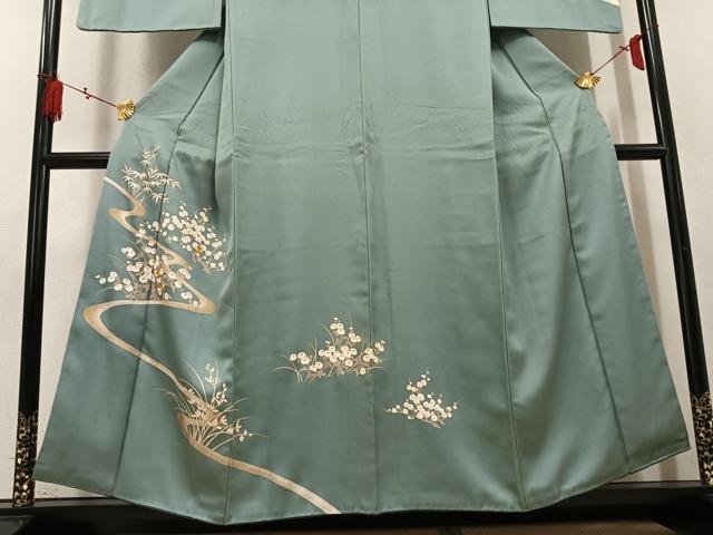 平和屋着物●訪問着　駒刺繍　流水草花文　金彩　正絹　逸品　AABK8252ph