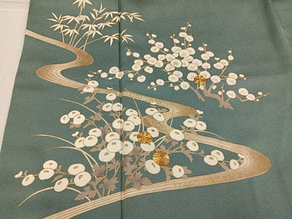 平和屋着物●訪問着　駒刺繍　流水草花文　金彩　正絹　逸品　AABK8252ph