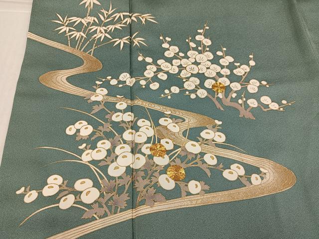 平和屋着物●訪問着　駒刺繍　流水草花文　金彩　正絹　逸品　AABK8252ph