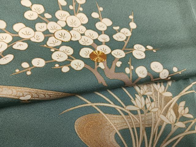平和屋着物●訪問着　駒刺繍　流水草花文　金彩　正絹　逸品　AABK8252ph