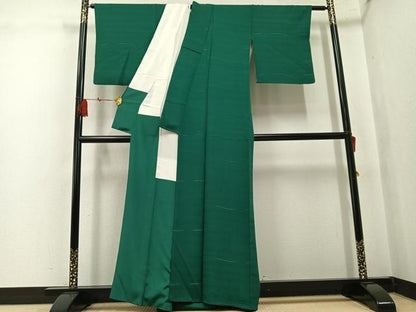 平和屋着物●上質な色無地　霞地紋　木賊色　正絹　逸品　AABK8268ph