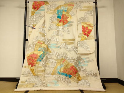 平和屋本店●夏物　色打掛　絽　和装　婚礼　結婚式　花嫁　神社挙式　総刺繍　草花扇子松文　金銀糸　逸品　AABK8291fw