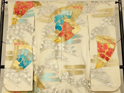 平和屋本店●夏物　色打掛　絽　和装　婚礼　結婚式　花嫁　神社挙式　総刺繍　草花扇子松文　金銀糸　逸品　AABK8291fw