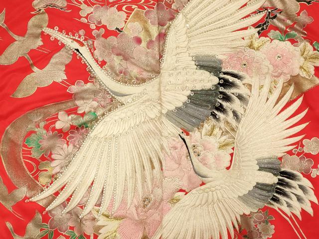 平和屋本店●色打掛 和装 婚礼 結婚式 花嫁 神社挙式 手描き 刺繍 飛鶴草花扇子文 金糸 金彩 ラインストーン 逸品 AABK8295fw