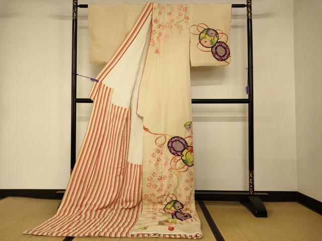 平和屋本店●お引きずり・お引き摺り　訪問着　和装　舞台　舞妓　芸妓　芸者　衣装　花鼓枝桜文　金彩　逸品　AABK8298fw