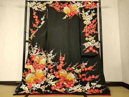 平和屋本店●お引きずり・お引き摺り・引き振袖 和装 結婚式 舞妓 芸妓 芸者 衣装 総刺繍 枝梅花鼓文 黒地 金銀糸 逸品 AABK8301fw