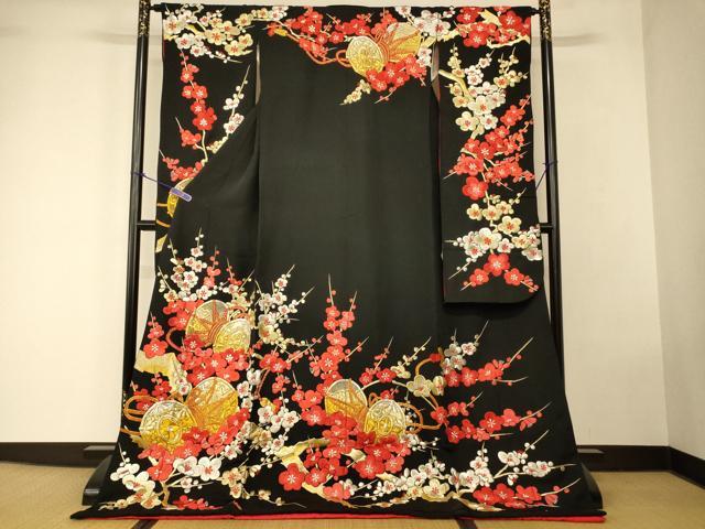 平和屋本店●お引きずり・お引き摺り・引き振袖 和装 結婚式 舞妓 芸妓 芸者 衣装 総刺繍 枝梅花鼓文 黒地 金銀糸 逸品 AABK8301fw