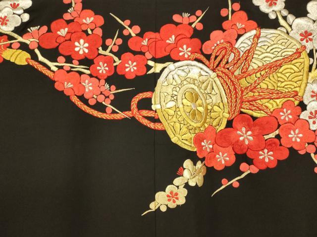 平和屋本店●お引きずり・お引き摺り・引き振袖 和装 結婚式 舞妓 芸妓 芸者 衣装 総刺繍 枝梅花鼓文 黒地 金銀糸 逸品 AABK8301fw