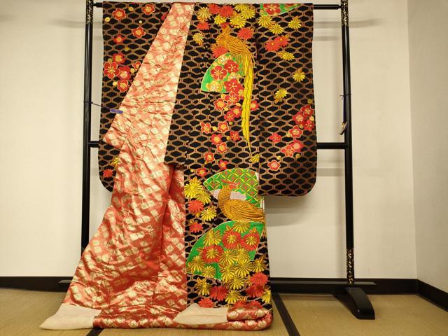 平和屋本店●色打掛 和装 婚礼 結婚式 花嫁 神社挙式 駒刺繍 地紙草花雉文 黒地 金銀糸 逸品 AABK8305fw