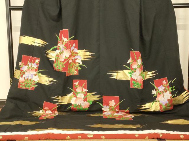 平和屋本店●お引きずり・お引き摺り　訪問着　和装　舞台　舞妓　芸妓　芸者　衣装　短冊草花文　黒地　金彩　AABK8337fw