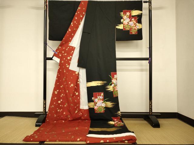 平和屋本店●お引きずり・お引き摺り　訪問着　和装　舞台　舞妓　芸妓　芸者　衣装　短冊草花文　黒地　金彩　AABK8337fw