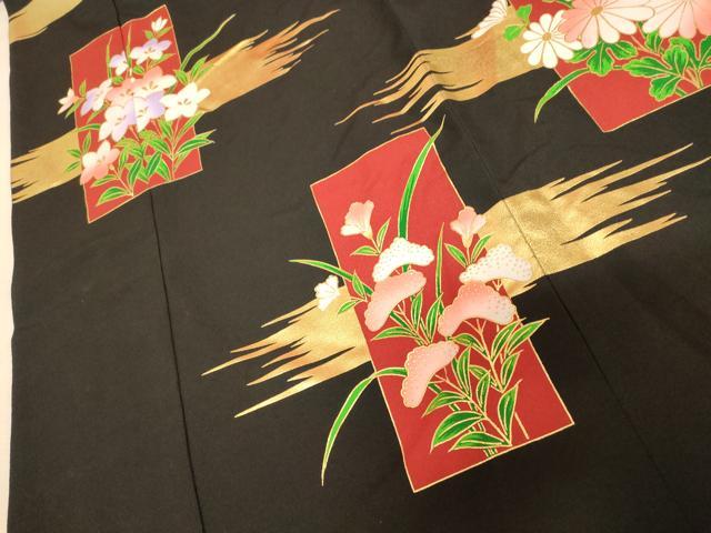 平和屋本店●お引きずり・お引き摺り　訪問着　和装　舞台　舞妓　芸妓　芸者　衣装　短冊草花文　黒地　金彩　AABK8337fw