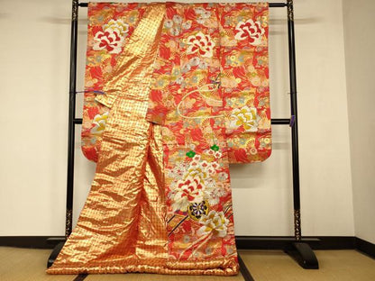 平和屋本店●色打掛　和装　婚礼　結婚式　花嫁　神社挙式　唐織　駒刺繍　花車扇子文　金銀糸　金通し地　逸品　AABK8340fw