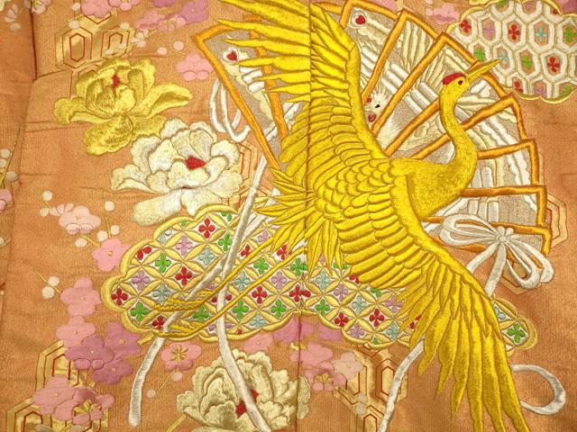 平和屋本店●色打掛　和装　婚礼　結婚式　花嫁　神社挙式　総刺繍　飛鶴枝花扇子文　金銀糸　逸品　AABK8343fw