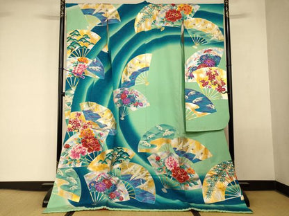 平和屋本店●お引きずり・お引き摺り・引き振袖 和装 結婚式 舞妓 芸妓 芸者 扇子飛鶴松竹梅文 暈し染め 金銀彩 銀通し地 逸品 AABK8345fw